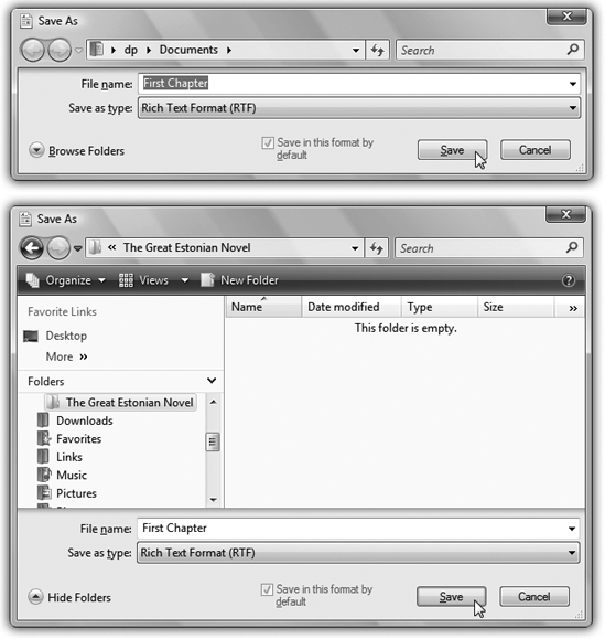 When the Save box first opens, it may appear in the collapsed form shown at top. Click the Browse Folders button to expand it into the full-blown dialog box shown at bottom. Type a name, choose a folder location, and specify the format for the file you’re saving.