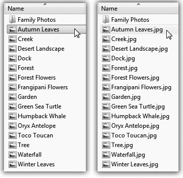 As a rule, Windows shows filename extensions only on files whose extensions it doesn’t recognize. The JPEG graphics at left, for example, don’t show their suffixes. Right: You can ask Windows to display all extensions, all the time.