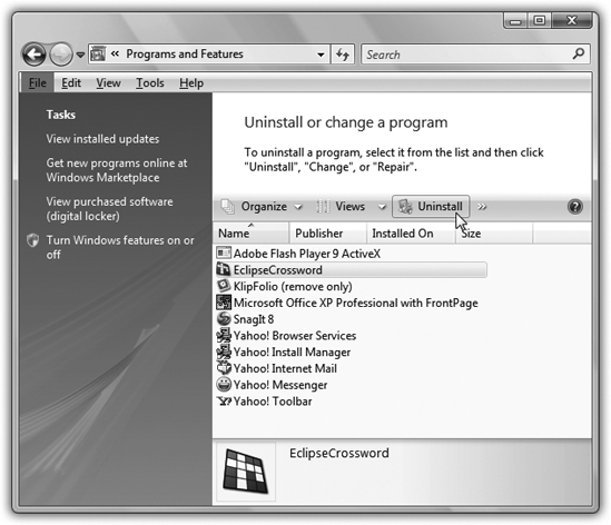 To vaporize a program, click its name to reveal the toolbar above it, as shown here, and then click the Uninstall button. Here’s a tip—right-click the column headings to add or remove columns. If you choose More, you’ll see some really useful ones, like Last Used On (shows you the last date you ran this program) and Used (how often you’ve run it—Frequently, Rarely, or whatever).