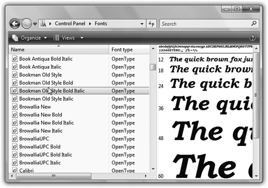 All of your fonts sit in the Fonts folder. You’ll frequently find an independent font file for each style of a font: bold, italic, bold italic, and so on. Click a font’s name to see how it looks at various sizes. Double-click a font’s icon to open that preview into a window of its own.