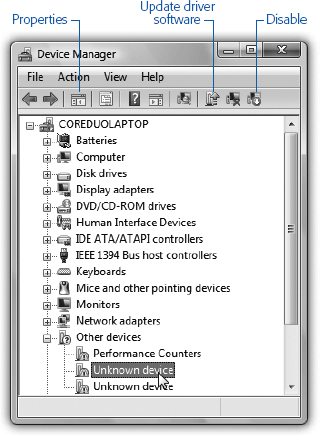 The Device Manager lists types of equipment; to see the actual model(s) in each category, you must expand each sublist by clicking the + symbol. A device that’s having problems is easy to spot, thanks to the red Xs and yellow exclamation points.