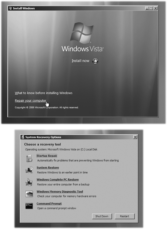If your hard drive won’t even let you in, insert your original Vista installation DVD. Top: At the main installation screen, click “Repair your computer.” Specify which copy of Windows you want to repair (not shown). Bottom: The new Startup Repair suite, at your disposal.