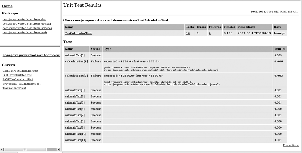 Displaying detailed results for a particular test case