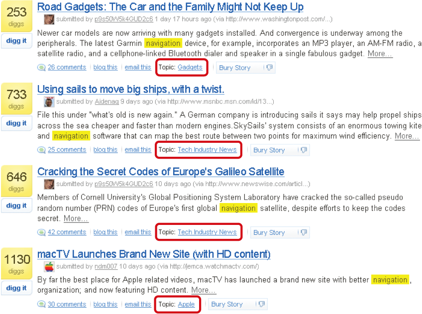 Digg.com search results allow people to browse to the topic of any story in the list