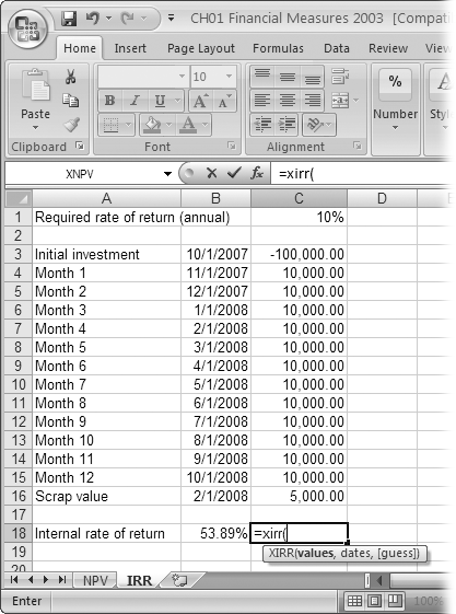 XIRR includes a third argument called “guess,” which is the first return you use in the search for the IRR. If you leave the guess argument blank, Excel uses 10%. Depending on whether the resulting NPV is positive or negative, the XIRR function tries a different value until NPV equals zero.