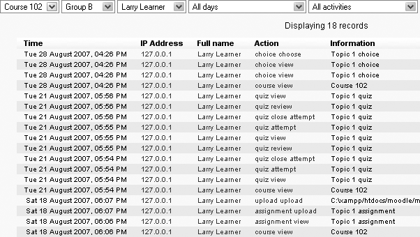 Viewing logs of student activity