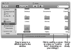 Three ways to control a scroll. The scroll bar arrows (lower right) appear nestled together when you first install Mac OS X, as shown here. If you, an old-time Windows or Mac OS 9 fan, prefer these arrows to appear on opposite ends of the scroll bar, visit the Appearance panel of System Preferences, described on .