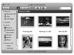 Mac OS X lets you choose an icon size to suit your personality. For picture folders, it can often be very handy to pick a jumbo size, in effect creating a slidesorter “light table” effect. Just use the slider in the View Options dialog box, shown here.