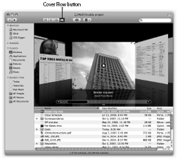 The bottom half of a Cover Flow window is identical to list view. The top half, however, is an interactive, scrolling “CD bin” full of your own stuff. It’s especially useful for photos, PDF files, Office documents, and text documents. And when a movie comes up in this virtual data jukebox, you can point to the little button and click it to play the video, right in place.