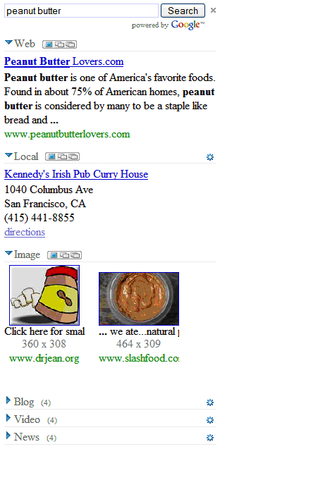 Search results for web, local, blog, and video on the “peanut butter”