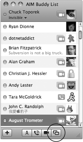 Look at the bottom of iChat’s Buddy List window to see whether you can share your desktop with one of your friends