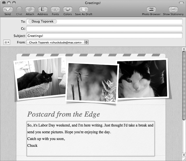 Mail’s Stationery lets you send messages with style, and with photos from your iPhoto Library