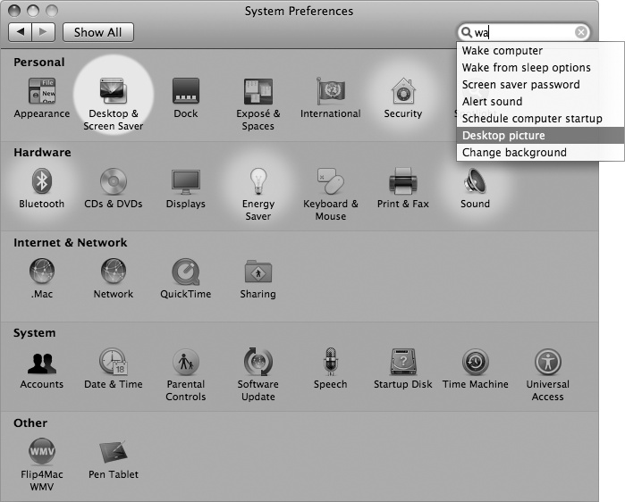 Using the Search field in Leopard’s System Preferences lets you quickly find the right preference panel for configuring your Mac