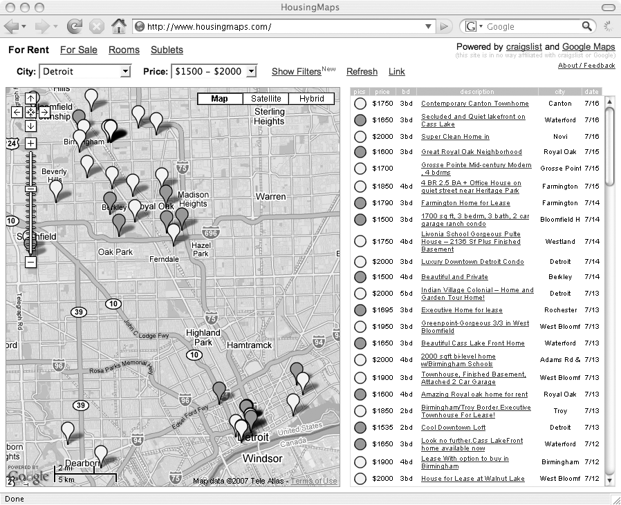 Rental properties from Craigslist combined with maps from Google to create HousingMaps.com