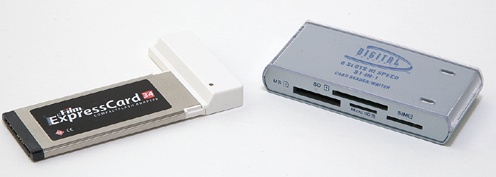 On the left is a CardBus card reader that can plug directly into a CardBus slot on a laptop. On the right is a card reader that plugs into a USB 2 slot. Note the huge number of card formats that it supports.