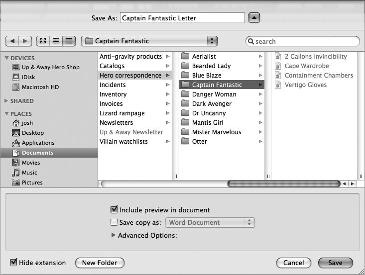 The Save dialog box in its full glory gives you access to locations not listed in its compact version. You can navigate through your entire computer, your iDisk, or other computers on your network to find the perfect destination.Turn on the “Include preview in document” option to let yourself and others browse a fully formatted version of your document directly from your desktop, using Mac OS X’s Quick Look feature. Turn on the “Save copy as” option to save your document in Word or iWork ’08 format (see ). The Advanced Options features let you reduce the file size of documents loaded with images and movies (see pages 240 and 248).