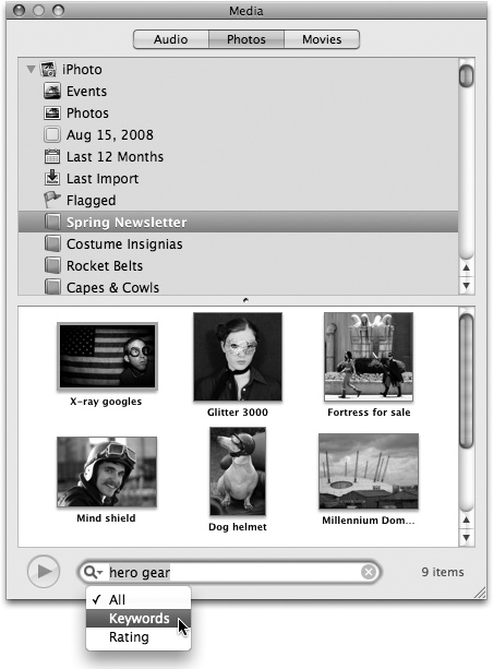 The Media Browser is a window into your computer’s collections of audio, photos, and movies. The Photos tab gathers your personal photo collections from iPhoto, Photo Booth, and—if you have it—Aperture. In the top pane, click the arrow to the left of iPhoto to expand the display to show all your photo albums and events, and select the album to browse. You can also search the selected album by typing a word or phrase into the search field at the bottom of the Media Browser. The magnifying-glass pop-up menu lets you fine-tune your iPhoto collections search by using keywords, descriptions, and ratings.