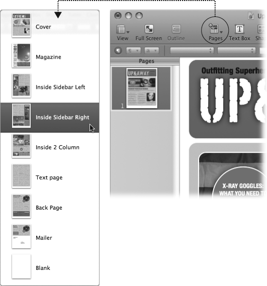 The Pages pop-up menu displays all the preformatted layouts in your template, giving you lots of options to change up the look of each of your pages. Menu mavens can find the same options in the Insert → Pages submenu.The Pages pop-up menu and submenu are available only in page-layout documents. (Word-processing documents offer a similar set of options, but the menu is labeled Sections instead of Pages.)