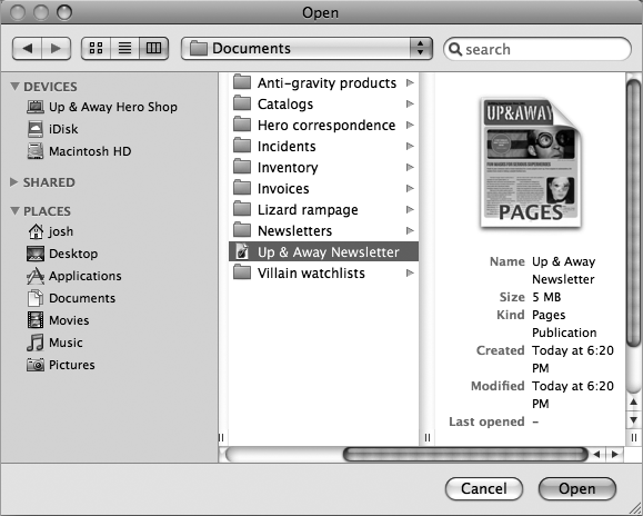 The Open dialog box lets you browse your computer, iDisk, or any other computer on your network to find your file. Use the search box at the top right to hunt down the file if you’ve forgotten exactly where you stashed it, or use the pop-up menu at top center to jump to folders you’ve visited recently. Select the file that you want to open and then click the Open button.