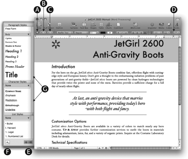 Pull out the Styles Drawer to reveal your document’s styles: Choose View → Show Styles Drawer, or click the Styles Drawer button (A) in the Format Bar. To apply a style, select some text and click the style you want from the Styles Drawer, or from the Format Bar’s Paragraph Style (B), Character Style (C), or List Style (D) pop-up menu.If you don’t see the Character or List panes in the drawer (or you do and wish you didn’t), click the Show/Hide buttons at the bottom-right corner of the drawer (E). Click the Add (+) button (F) and use its pop-up menu to create new styles from a selection.If you’ve amassed more styles than can fit in one of the Styles Drawer’s panes, a scroll bar appears. You can adjust the height of these panes by dragging the button marked with two horizontal lines (G) next to the Character and List styles headings. Adjust the width of the drawer by dragging its outside edge.