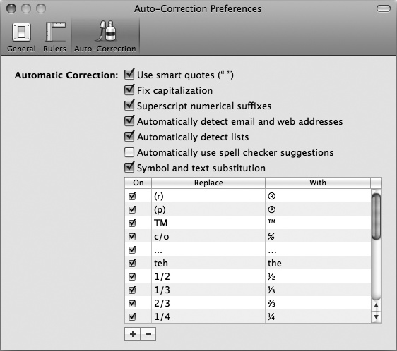 To select your auto-correction settings, choose Pages → Preferences and click the Auto-Correction button. Here you can flip the switch on seven categories of auto-correction and add or remove text-substitution rules.