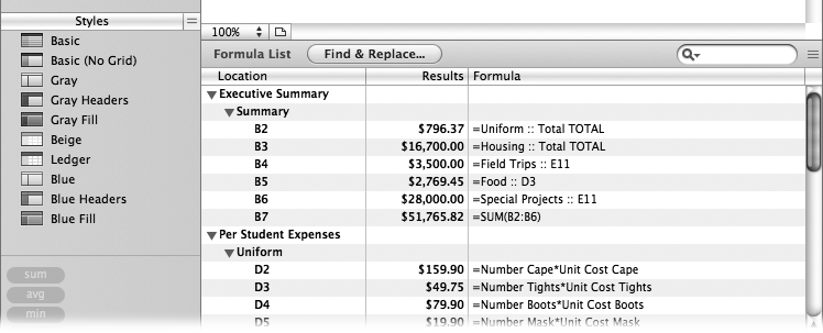 The formula list lets your browse all of your spreadsheet’s formulas. To hide the results for any sheet, click the flippy triangle next to the sheet name; ditto for table names. To jump directly to any listed cell, click once on its entry in the list. To open the Formula Editor for a formula, double-click its entry.