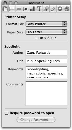 The Document Inspector lets you select the printer you plan to use as well as the paper size for your document. Unlike most programs for your Mac, Numbers doesn’t offer the trusty Page Setup dialog box to choose your basic printer options. Those duties are instead shared by the Document Inspector and Numbers’ Print view.