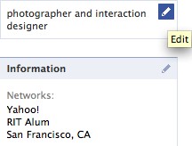 Facebook has light edit controls, seen only by the profile owner, on each module of the profile.