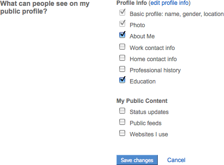 Privacy settings in Plaxo let the user select areas of the profile to keep private while other areas can be shared.