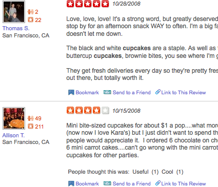 Attribution for the review is presented to the left of the content on Yelp.