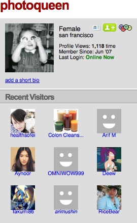 Avatars used on MyBlogLog. The larger image is a reflector back to the user, and the smaller images indicate other visitors to the profile.