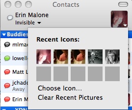 Adium allows the user to select his image from the 10 most recently used images.