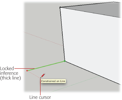 Inferences first appear as thin lines. Press Shift, and the inference changes to a thick line. With the inference locked, you’re free to move your cursor anywhere in the drawing, making it easy to grab a measurement from another reference point.
