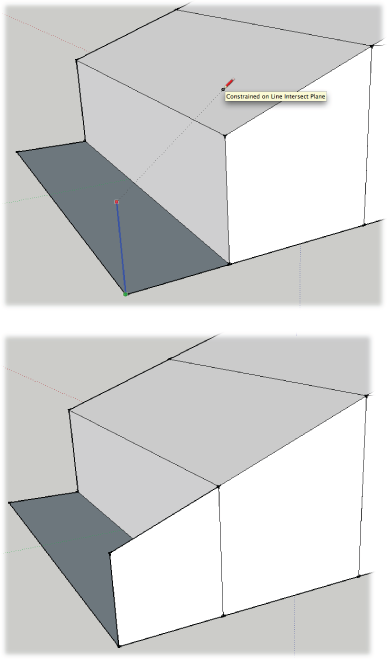 Top: To create a vertical line that’s exactly the right height to continue the roofline, press and hold Shift to lock the inference for the blue axis. Then click the face of the roof to reference the slope.Bottom: After you draw the vertical, connect the top points for a perfect continuation of the roofline.