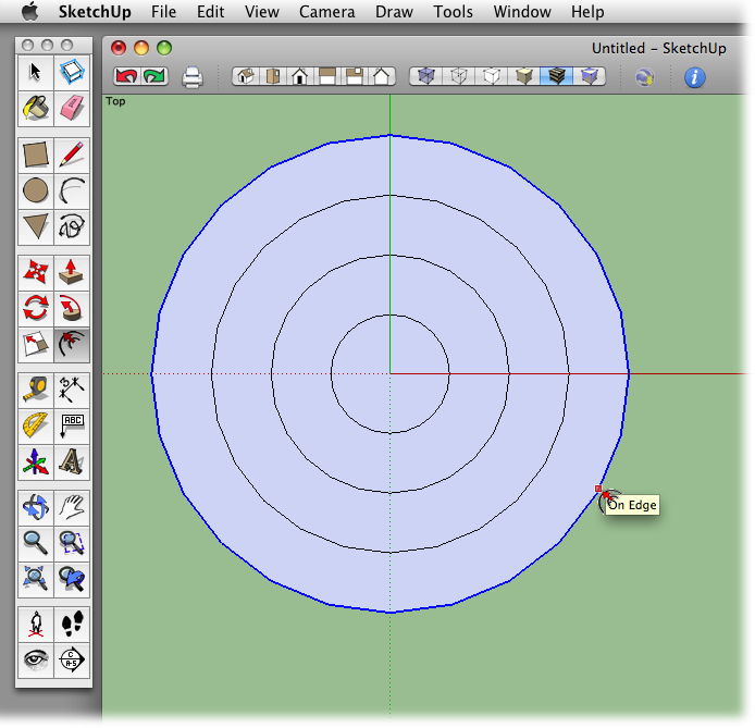 This 2-D design that looks like a target was created by drawing a 3-inch circle and then repeatedly creating a new edge using the Offset tool.