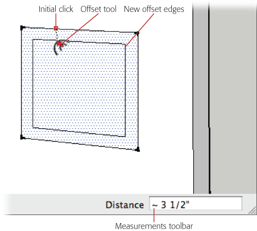 The red highlight marks the edge or edges being duplicated in the offset action. Here the inner rectangle shows where the new edges will appear. The Measurements toolbar gives you an idea of the dimensions of the offset.