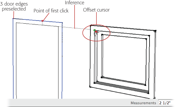 You can use inference locking with the Offset tool. Just hold the Shift key down, and then reference another point in your model. Here the dimensions of the window trim are used as a reference for creating the door trim.