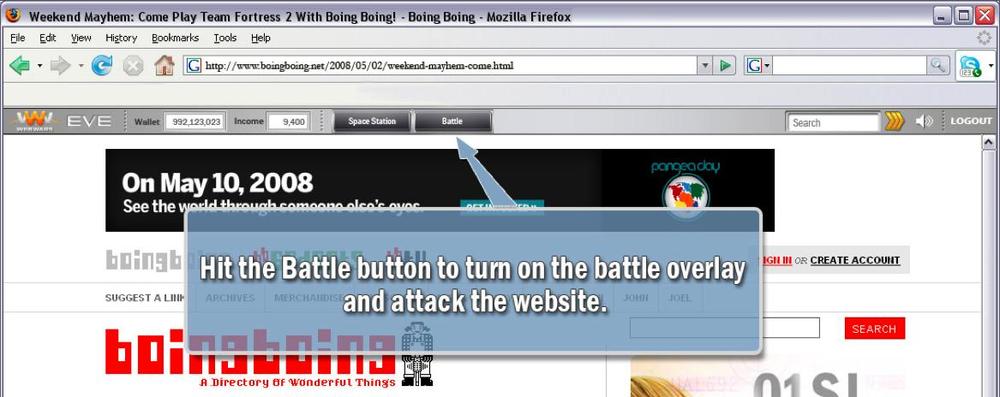 A WebWars player competing for the Boingboing.com website in a game, rather than interacting with it