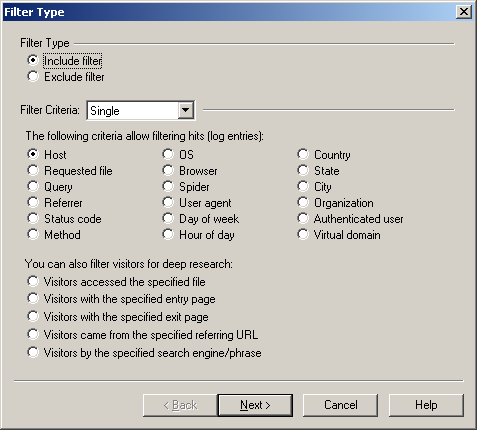 WebLog Expert: Filter Type screen