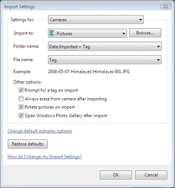 Using these controls you can specify which directory you want the pictures imported into, and define naming conventions.