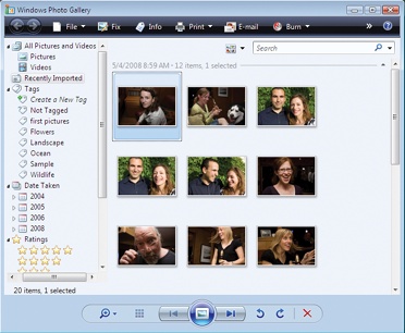 The Windows Photo Gallery lets you browse your images as thumbnails, making it easier to sort, rate, and organize.