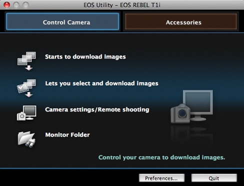After you install the EOS Digital Solutions disk, this window will appear any time you attach a camera or card reader.