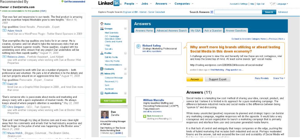 On the left is an example of the LinkedIn Recommendations feature; on the right is an example of the LinkedIn Answers feature.