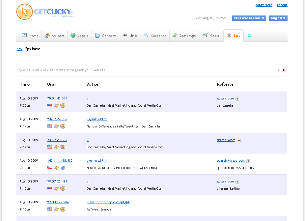 The paid version of Clicky offers a "spy" view, where you can watch activity on your site as it occurs.