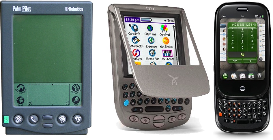 Palm has a really interesting history. Pictured here are the original USRobotics PalmPilot, the Handspring Treo, and the new webOS-based Palm Pre.
