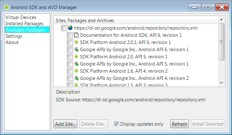 After downloading the Android SDK, open the Manager and download the platforms you want. The Google APIs are needed for native development using Google’s services.