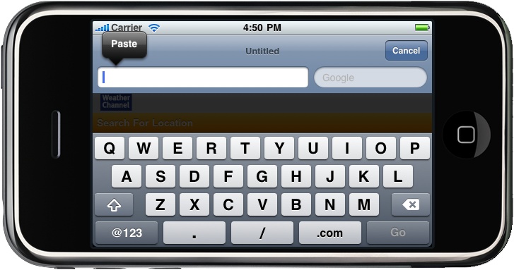 You can use your desktop keyboard, or Edit→Paste to paste text to the iPhone’s clipboard, and then tap once on the text input and press Paste on the screen to paste it where you want it to go.