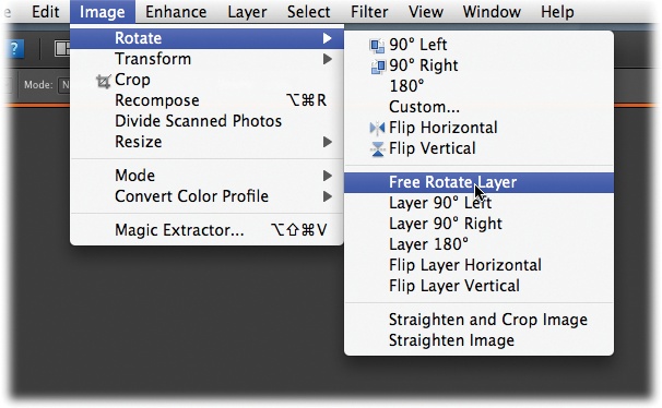 In a Missing Manual, when you see a sentence like “Image → Rotate → Free Rotate Layer,” that’s a quicker way of saying, “Go to the menu bar, click Image, slide down to Rotate, and then, from the pop-up menu, choose Free Rotate Layer.”