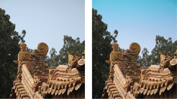 Make Dull Skies Blue can help punch up the sky color in your photos—sometimes.Left: Smog makes the sky in this photo look dull.Right: One quick drag across the sky with the Dull Skies tool produces a much more vivid sky—maybe too vivid (and a tad green). Elements used a gradient (see ) to give a more realistic shading to the new sky color.