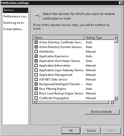 Setting notifications for services